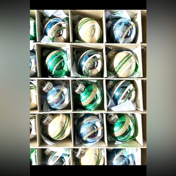 20 Radko Mini Glass Ball Christmas Ornaments Blue White Silver Glitter Stripes - Picture 3 of 8